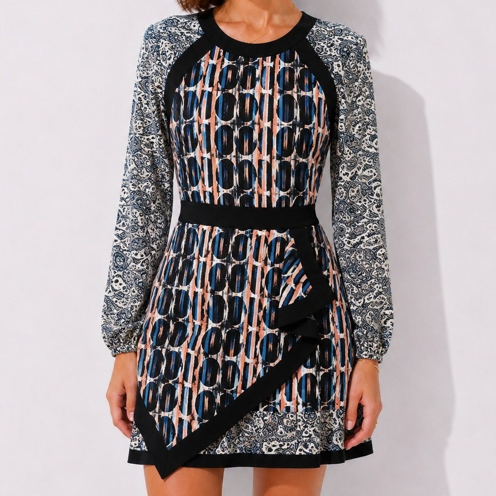 BCBG MAXAZRIA Mixed Print Mini Dress Blue Paisley Stripe Handkerchief Hem Size 4